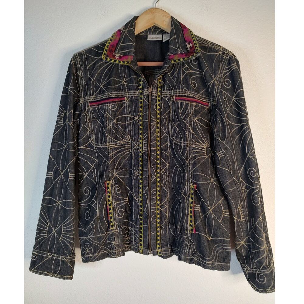 Chicos Black Embroidered Denim Zip Front Jacket Size 0 Tiny Flaw